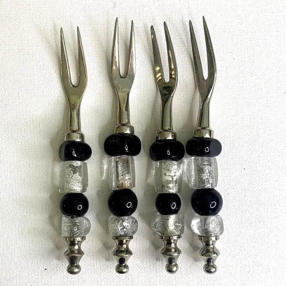 4 Glass Beaded Stainless Steel Forks Appetizers Olives Charcuterie Cocktail Set